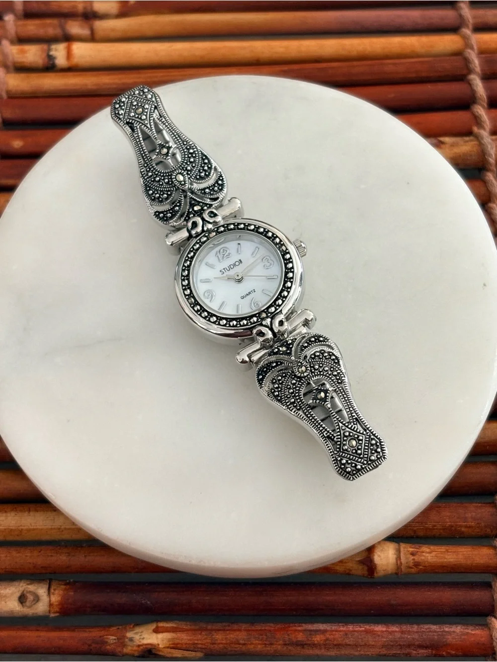Studio Silver-Tone Marcasite Accent Women's Bracelet Watch Needs Battery